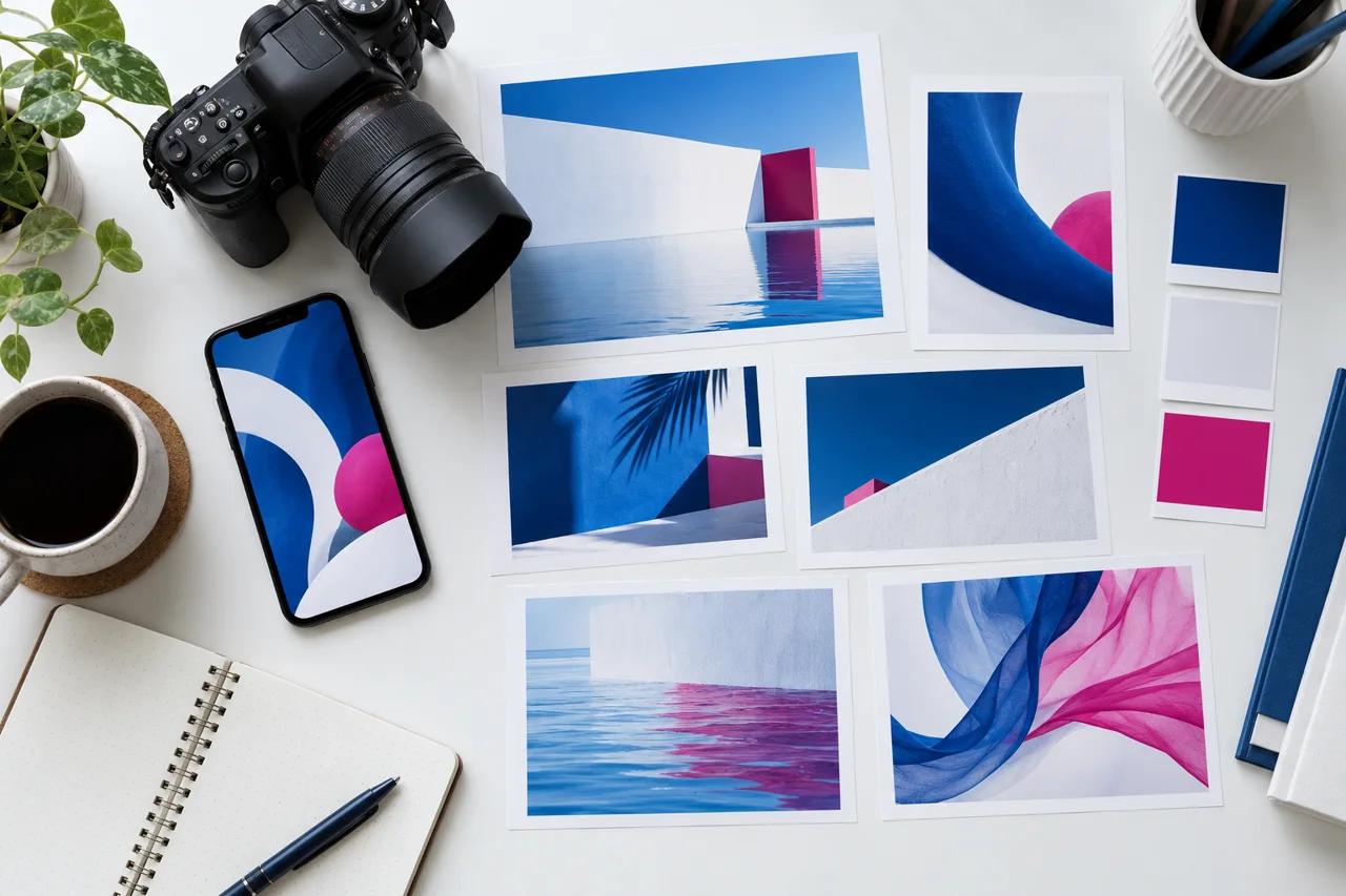 Camera colour swatches and campaign visuals arranged on a clean white desk