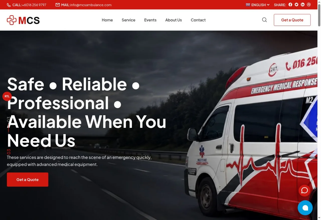MCS Ambulance actual website homepage preview