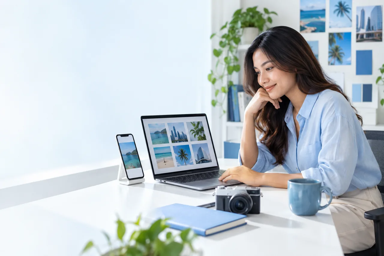 Creative professional preparing content with a camera phone and laptop